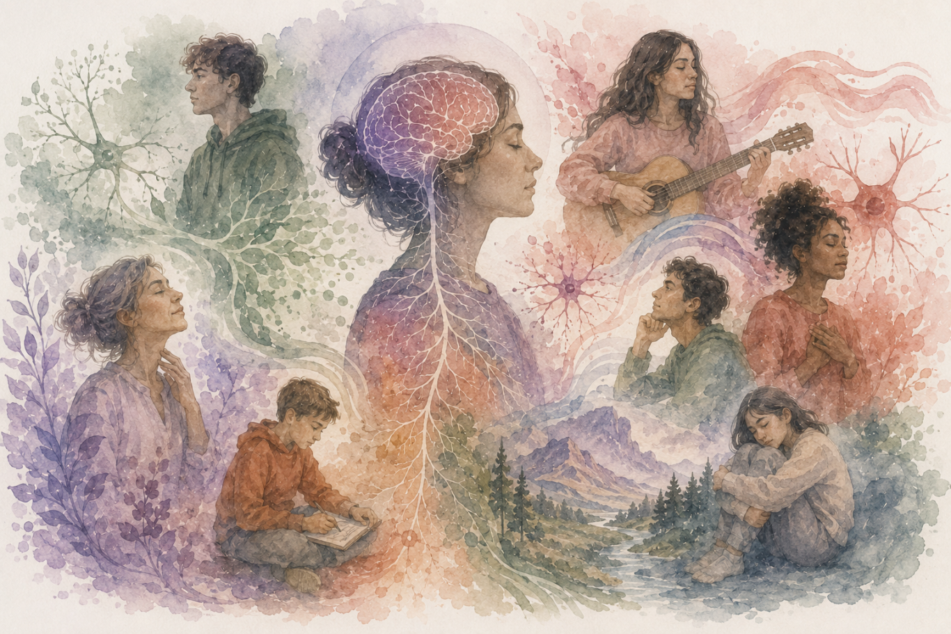 Illustration of a person with a visible brain and nervous system, surrounded by other people experiencing the world in different ways