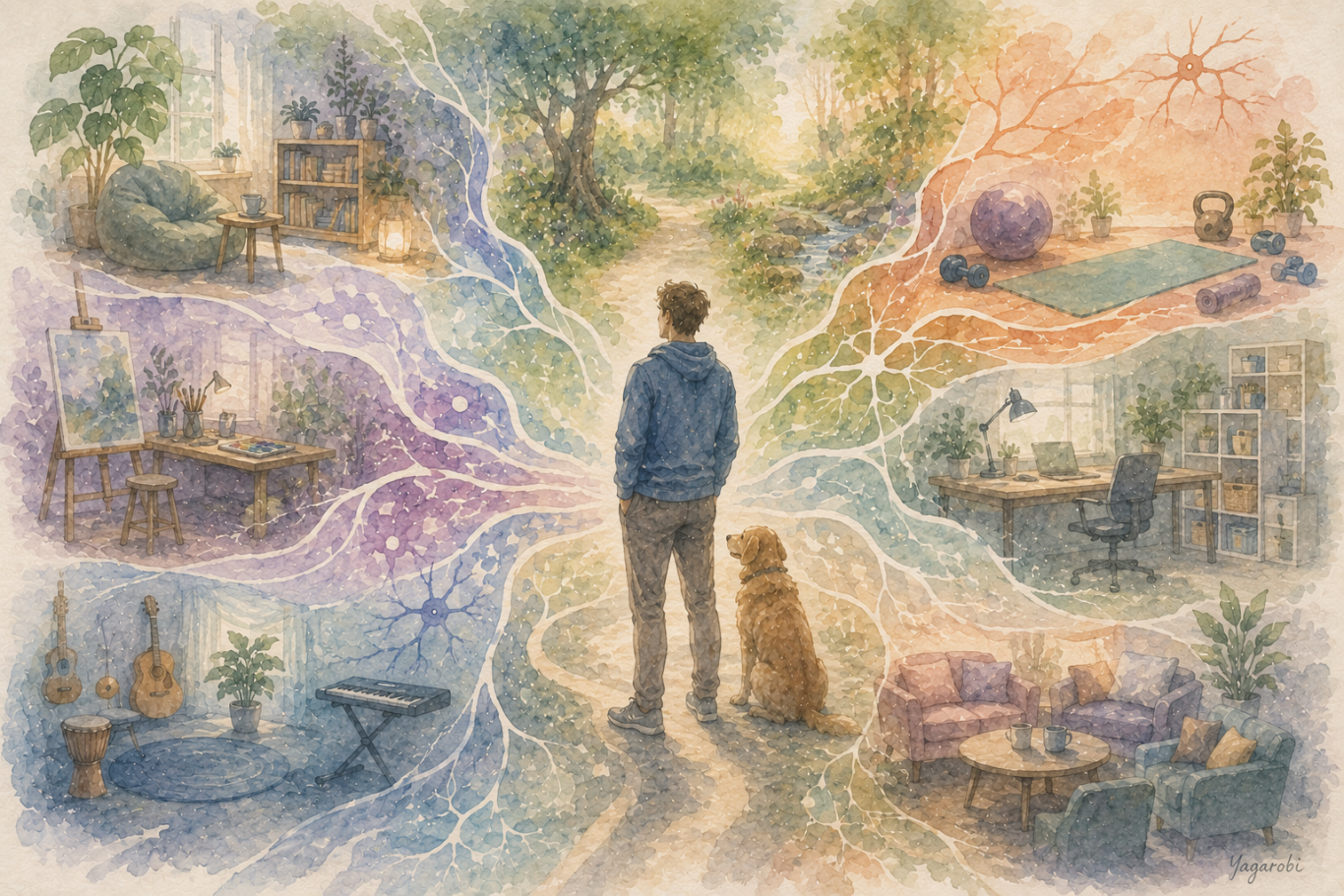 Illustration of a person and their dog standing at a crossroads of different spaces suited to different needs, from quiet reading nooks to creative and active spaces