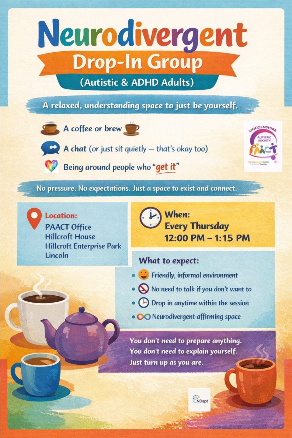 Neurodivergent Drop-In Group event flyer with session details