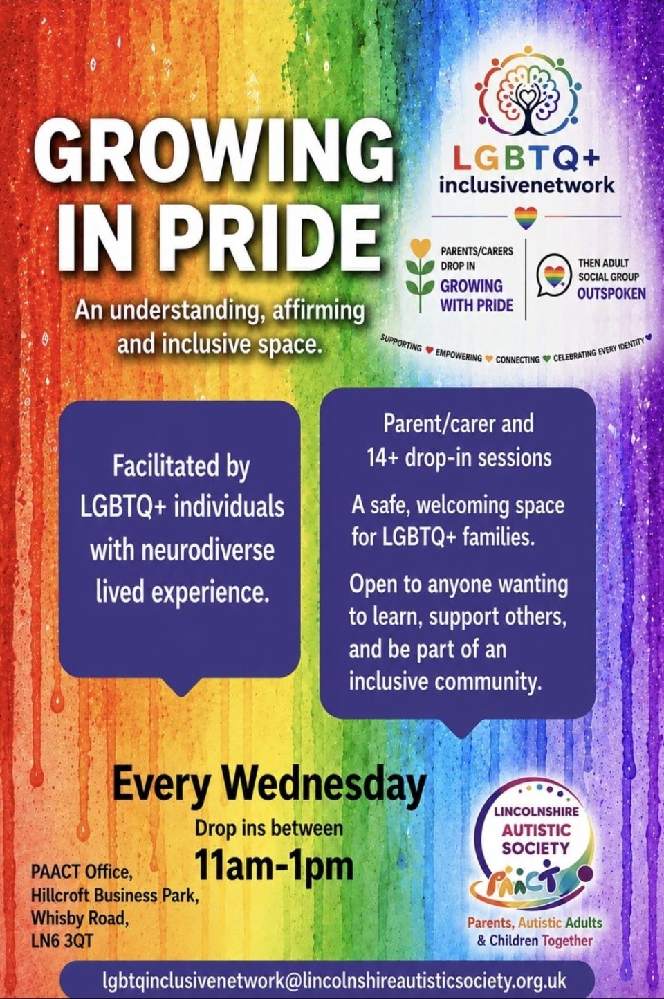 Growing In Pride event flyer with session details