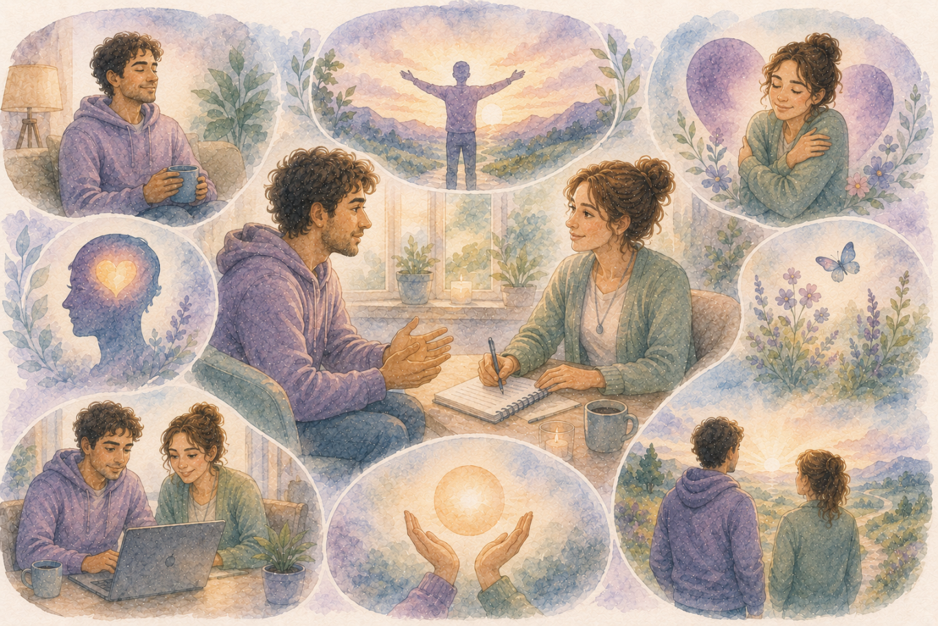 Illustration of two people in a warm, affirming conversation, with imagery of self-acceptance and celebrating identity