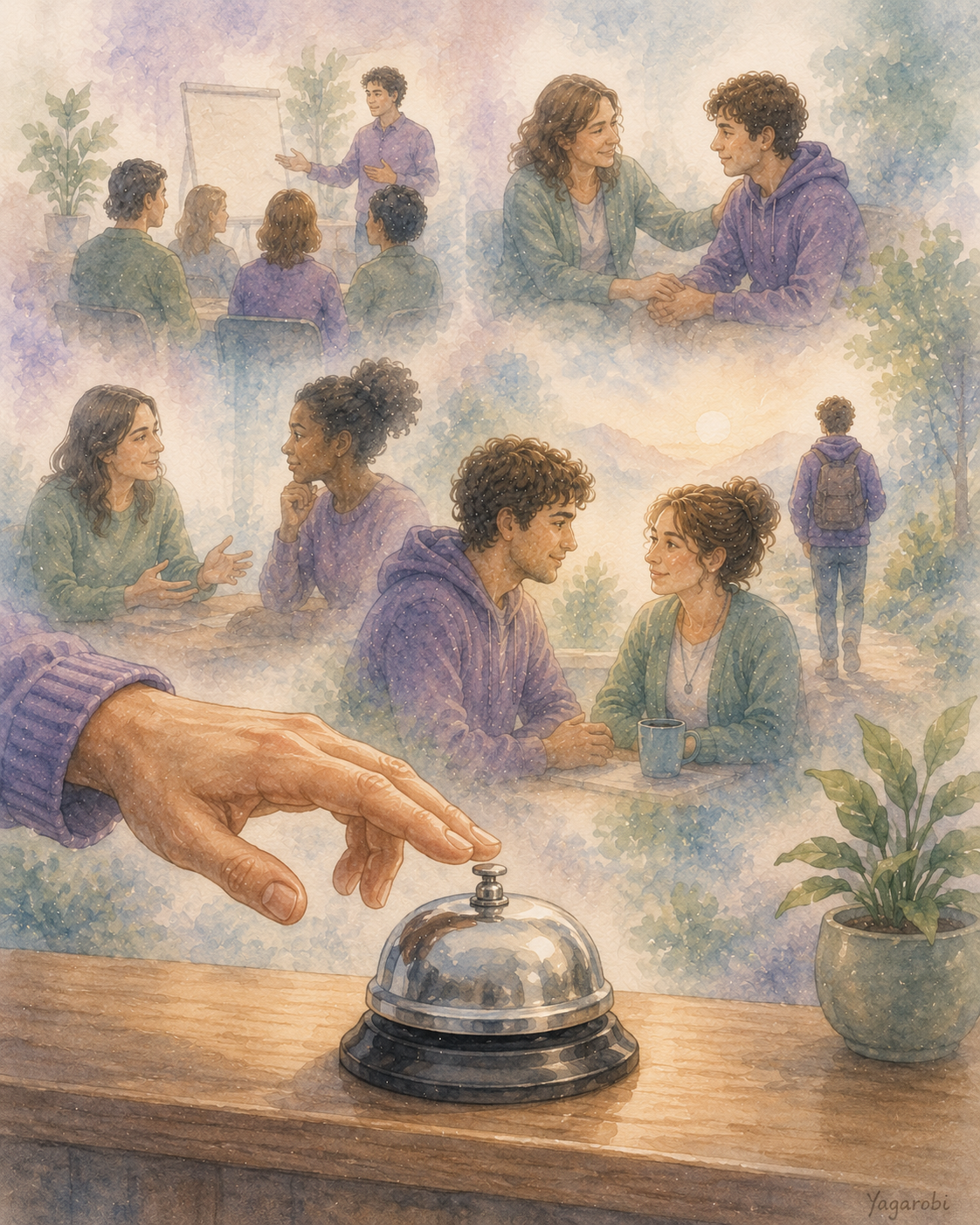 Illustration of two people in a warm coaching conversation, with a hand ringing a service bell to reach out for support