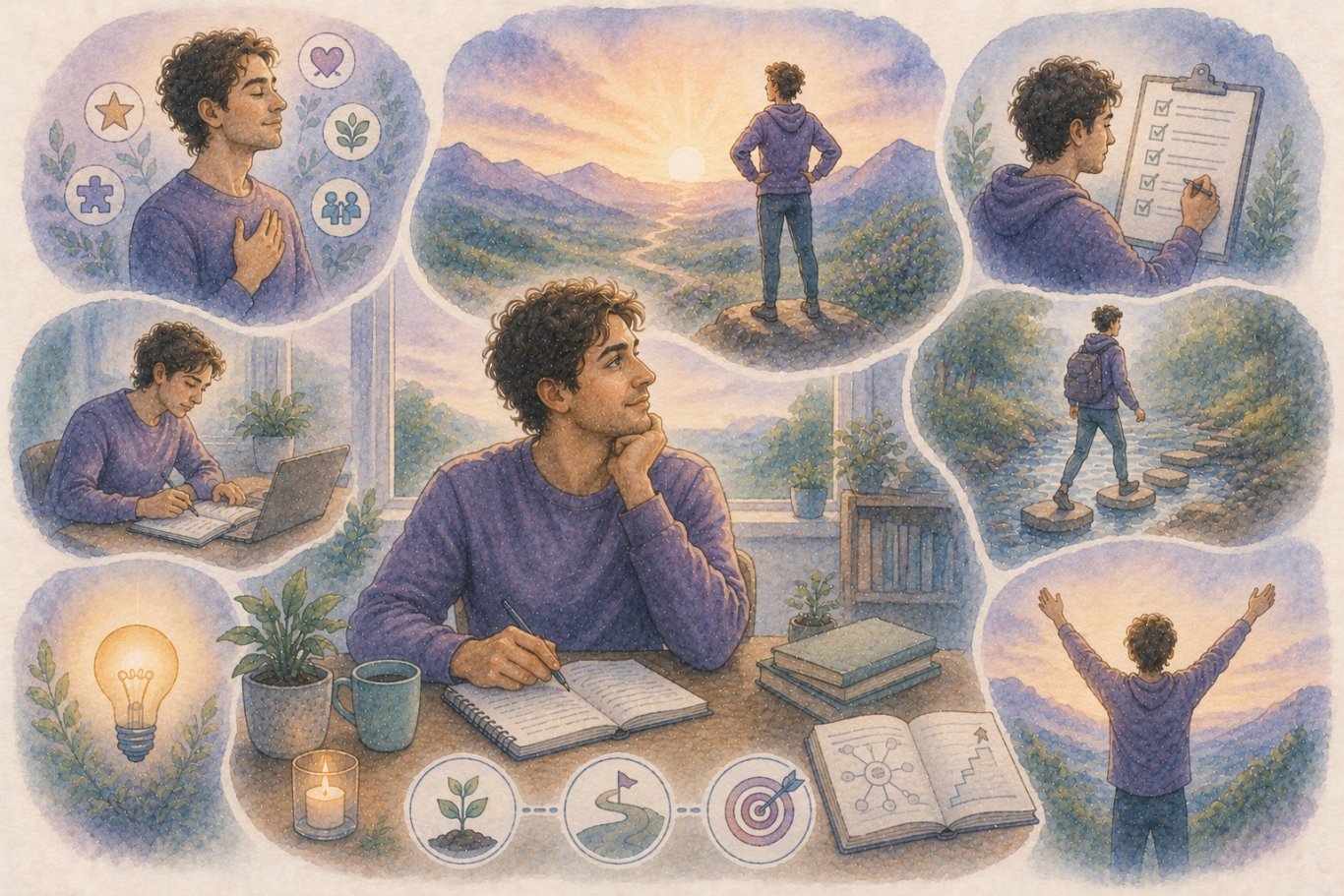 Illustration of a person journaling at a desk, surrounded by scenes of reflection, planning, and personal growth