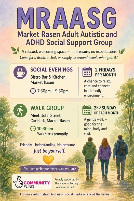 MRAASG event flyer with social evening and walk group details