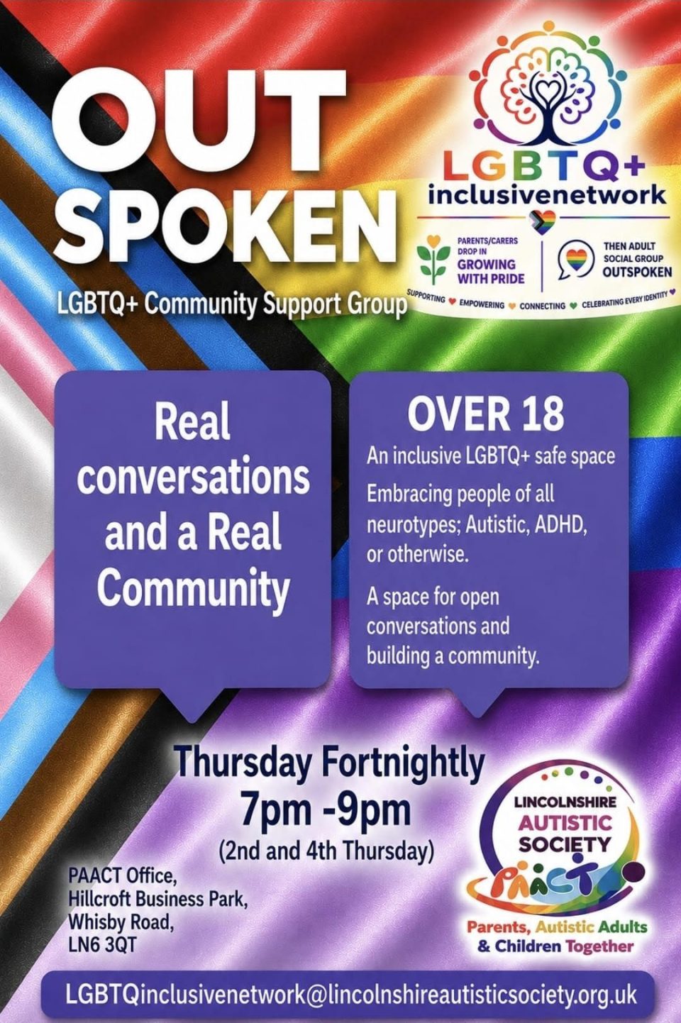 Outspoken event flyer with session details