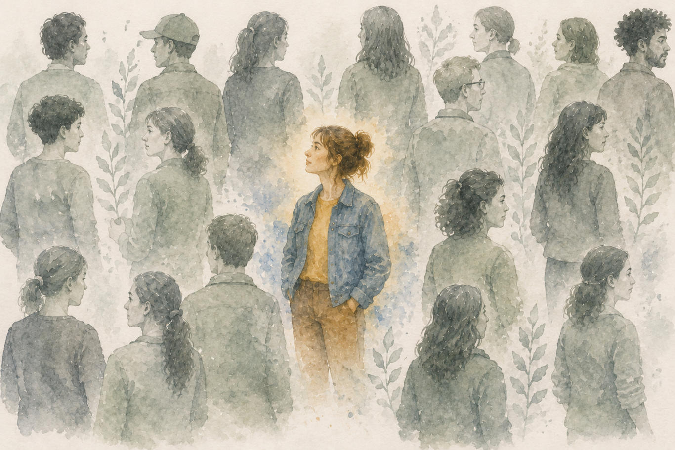 Illustration of one person standing out, highlighted, among a crowd of otherwise similar-looking people