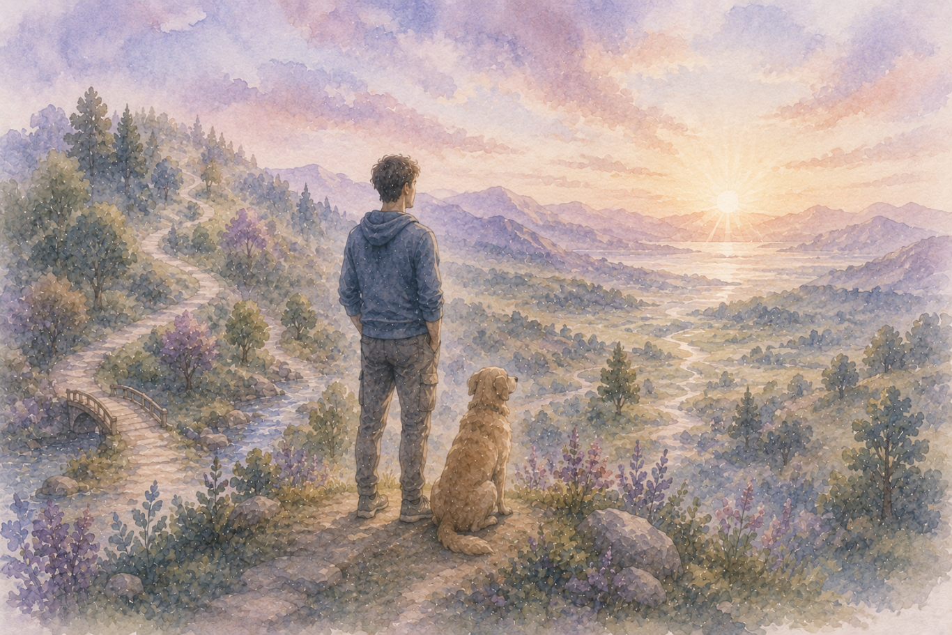 Illustration of a person and their dog looking out over a peaceful sunrise landscape, representing a personal, unhurried journey