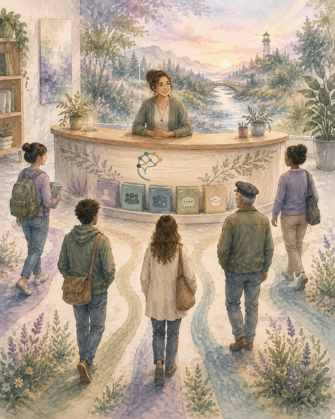 Illustration of a welcoming reception desk with icons for individual support, group work, workplace guidance, communication, and training, as people approach from different paths