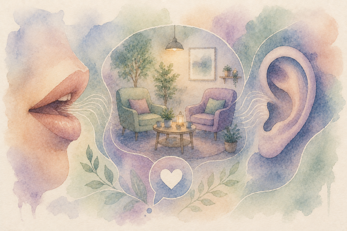 Illustration of speech and listening connecting a mouth to an ear, around a calm, cosy conversation room