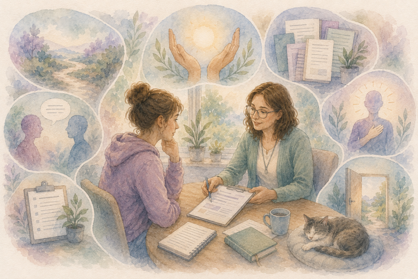 Illustration of two people talking across a table, surrounded by notes, documents, and a resting cat