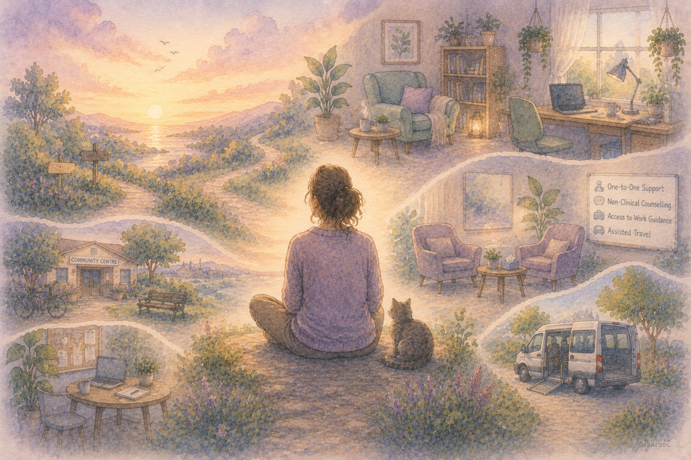 Illustration of a person sitting with a cat overlooking paths to different kinds of support: one-to-one support, non-clinical counselling, Access to Work guidance, and assisted travel